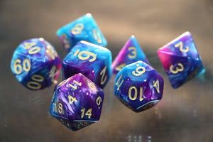 Cosmos Blue-Purple Marble Dice 7pc Set.