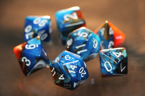 Dusk Horizon Blue-Orange Metallic Marble Dice 7pc Set
