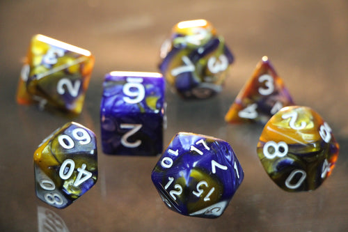 Dwarf Love-Hate Blue-Gold Marble Dice 7pc Set