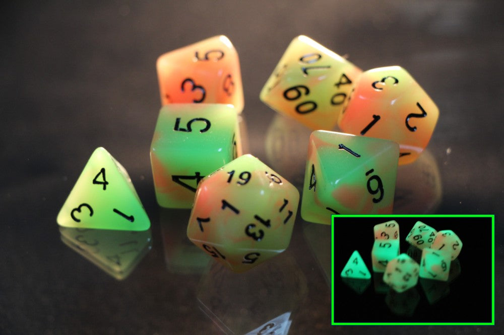 Green-Orange Glow In The Dark Dice 7pc Set