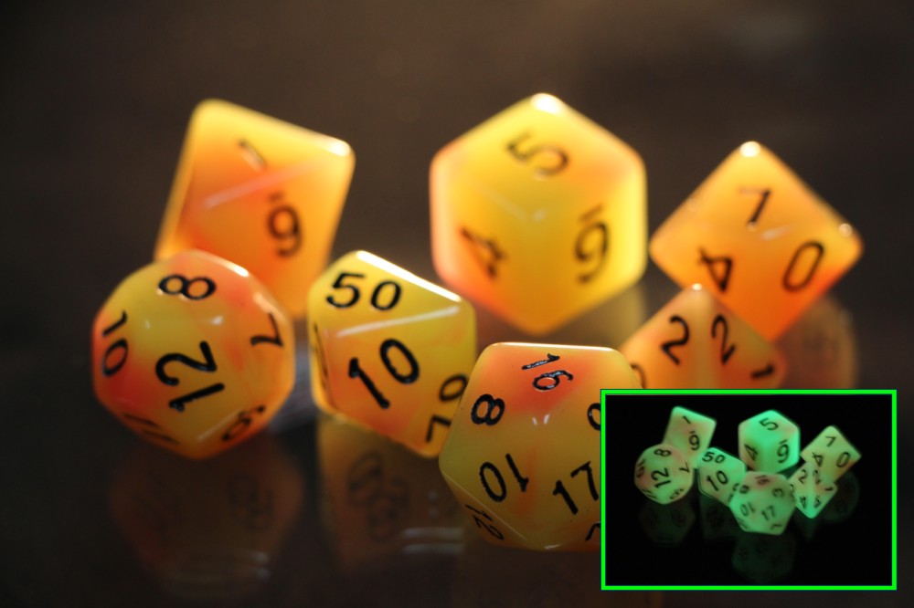 Yellow-Orange Glow In The Dark Dice 7pc Set