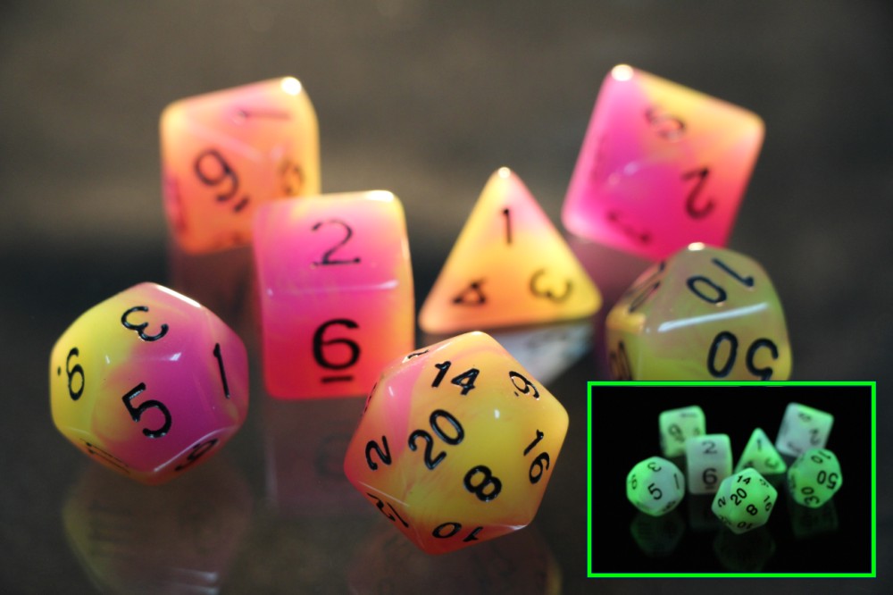 Yellow-Pink Glow In The Dark Dice 7pc Set